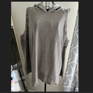 Taupe Lightweight hoodie with open shoulders and embroidery detail